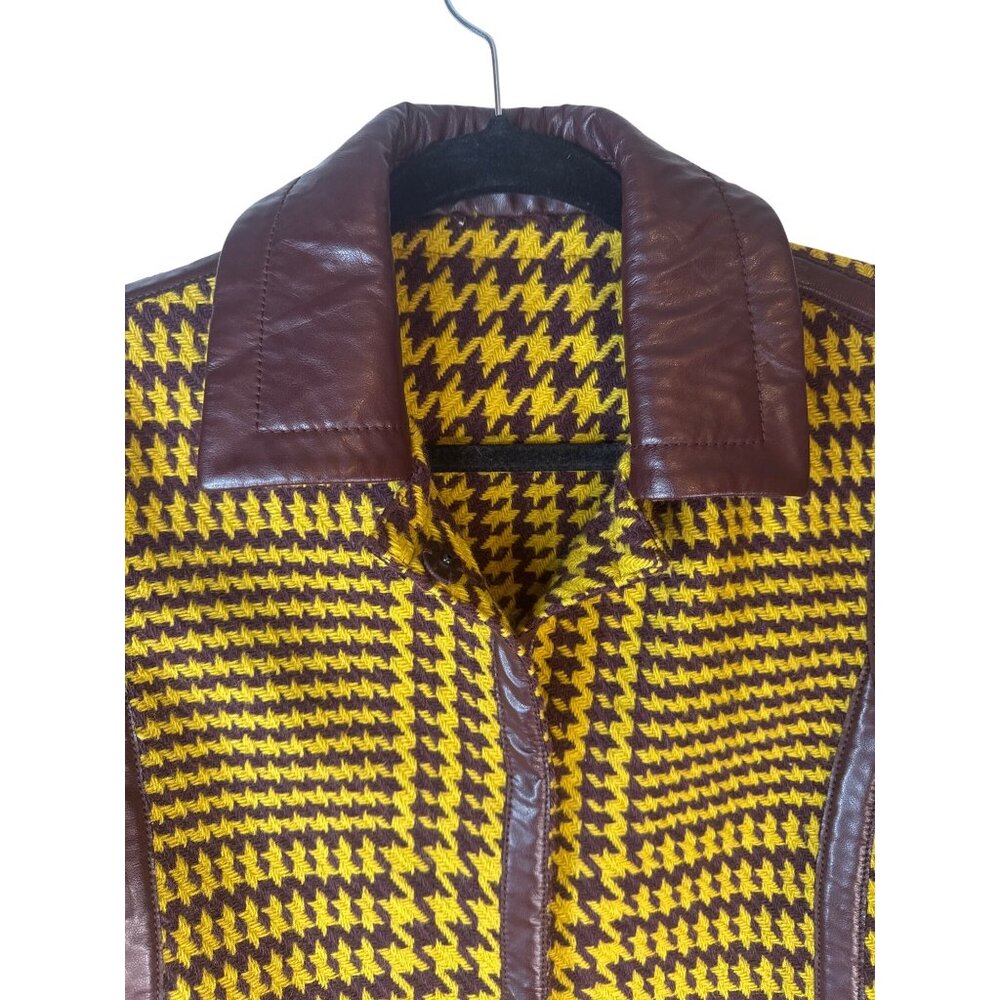 VTG PHILOSOPHY DI Wool Houndstooth Vintage Yellow & Brown Wool Jacket Faux Trim - Picture 5 of 11